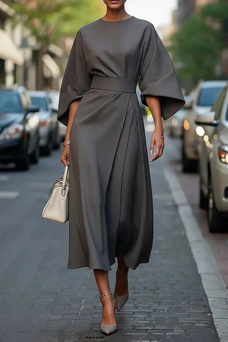 Women's Midi Lantern-Sleeve Belted Cocktail Dress - Gray
