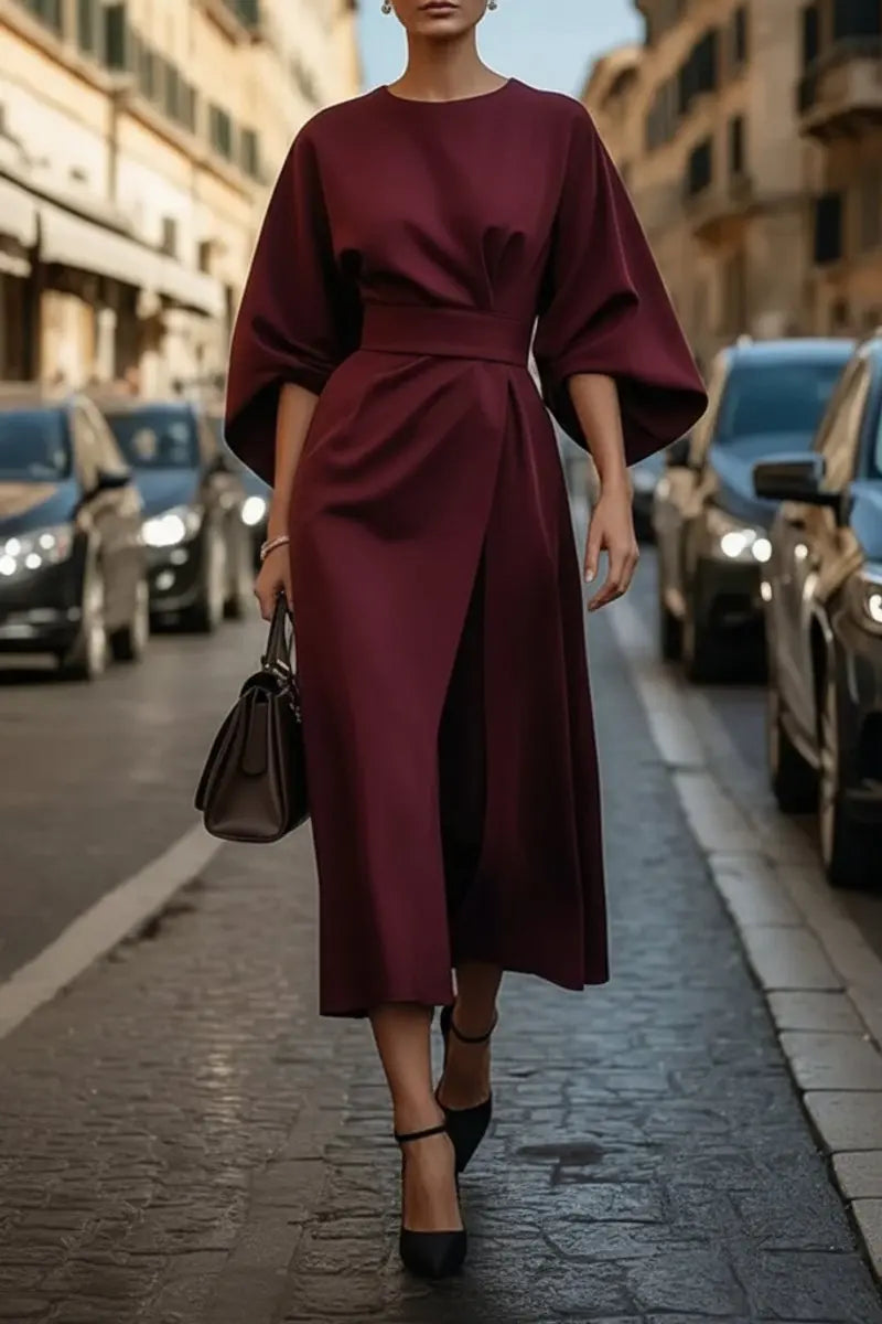 Women's Midi Lantern-Sleeve Belted Cocktail Dress - Burgundy