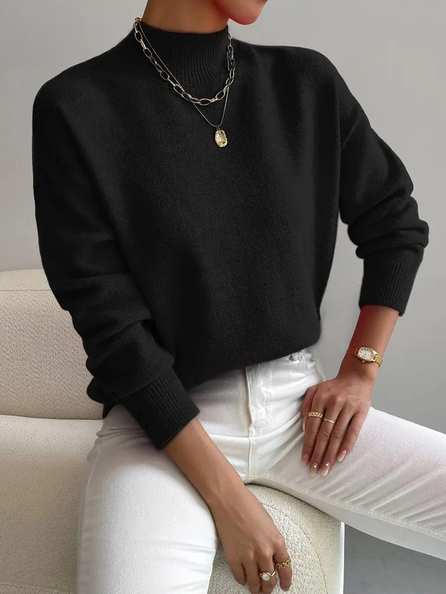 Women's Mock Turtleneck Relaxed Fit Long Sleeve Sweater - Black