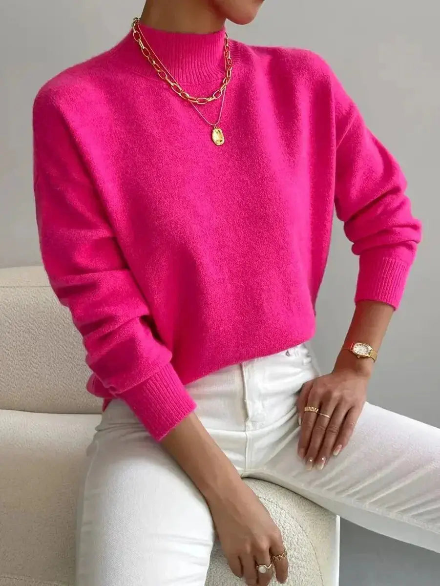 Women's Mock Turtleneck Relaxed Fit Long Sleeve Sweater - Pink