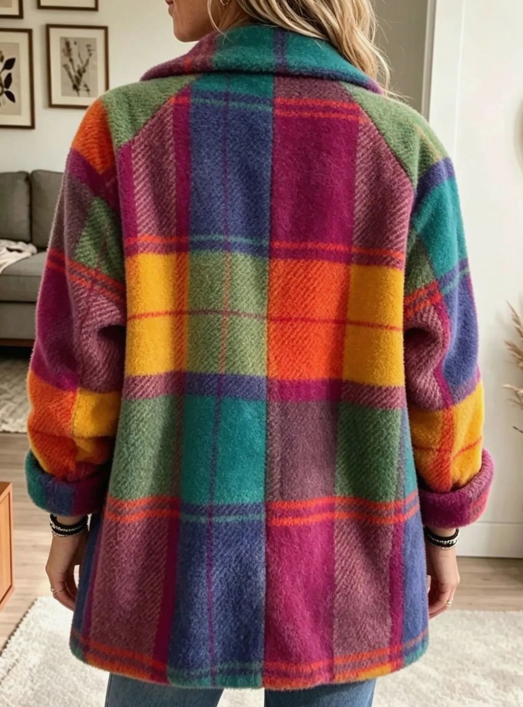 Women's Multicolour Checked Fleece Button-Up Coat