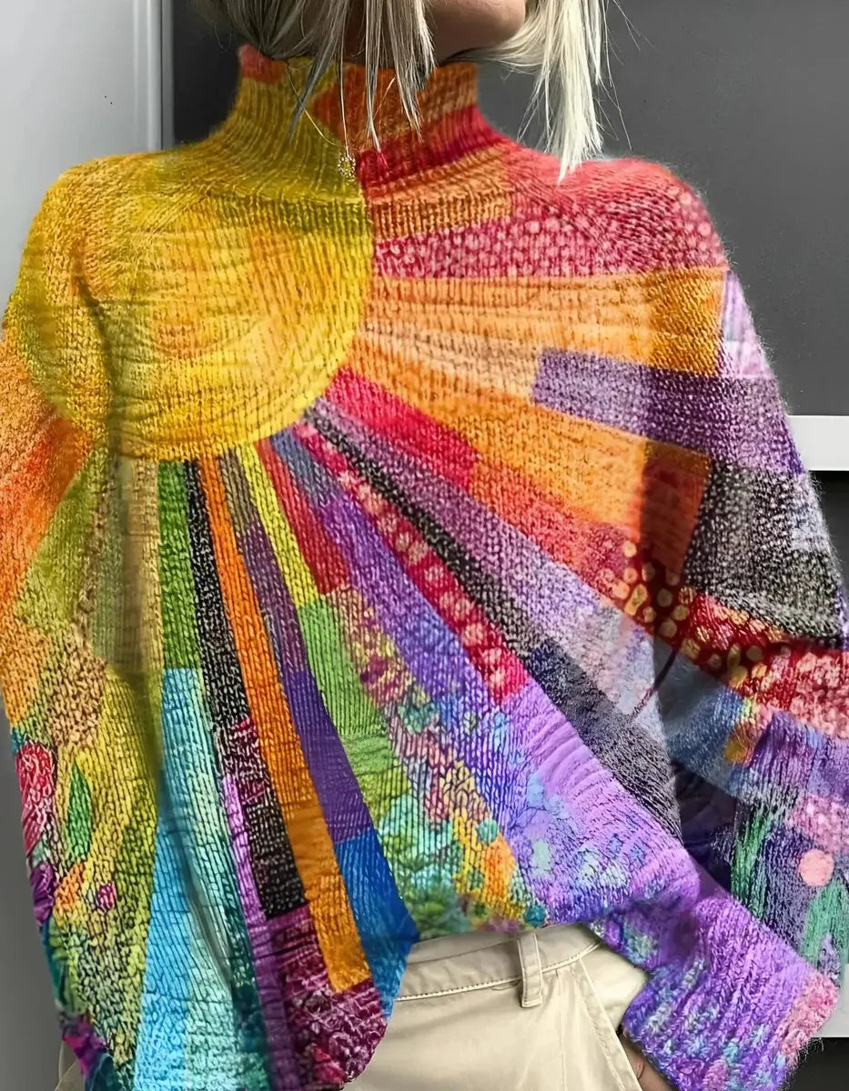 Women's Multicolour Turtleneck Sweater Soft Knit Rainbow Jumper