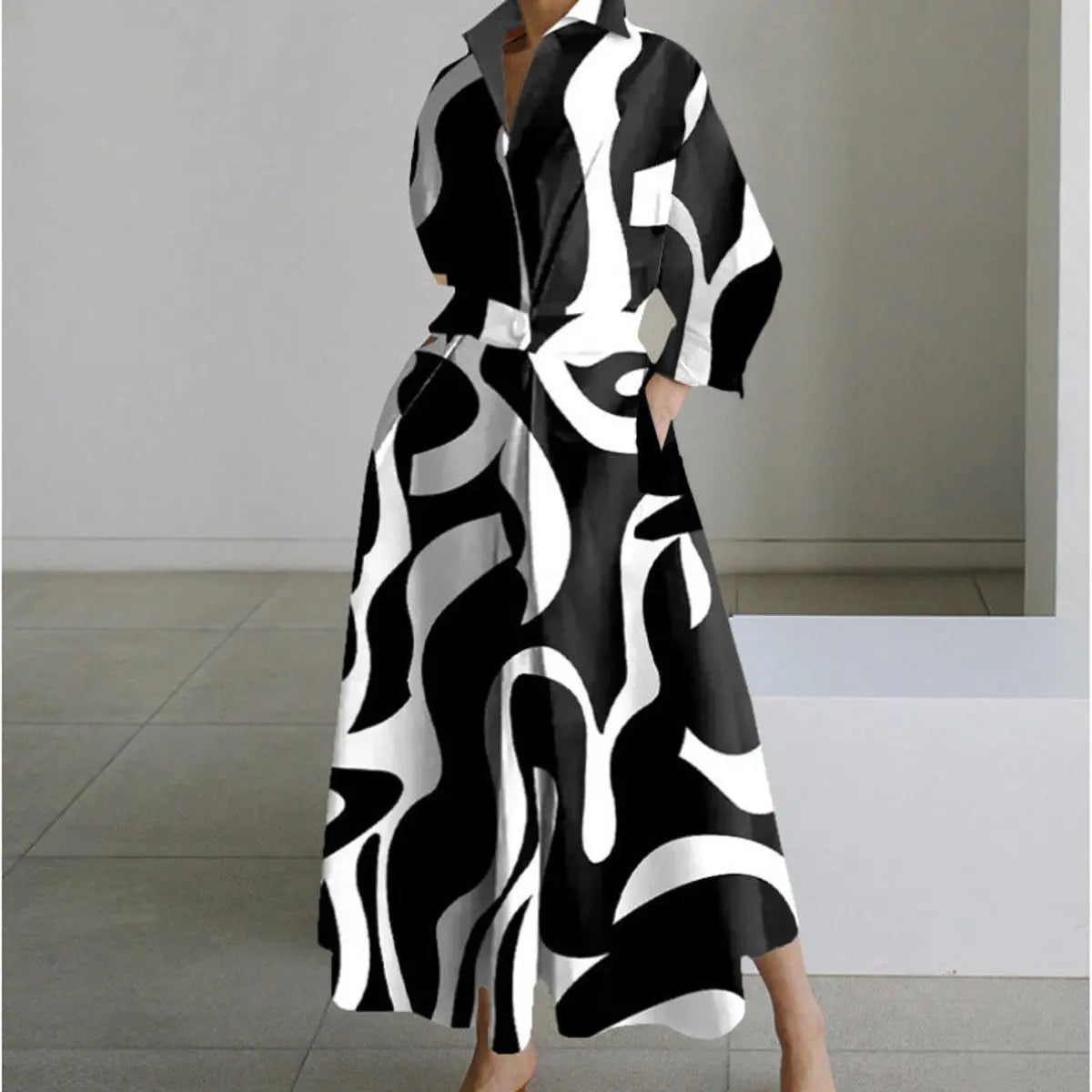 Women's Newspaper Print Collared Wrap Maxi Dress - Black Stripe