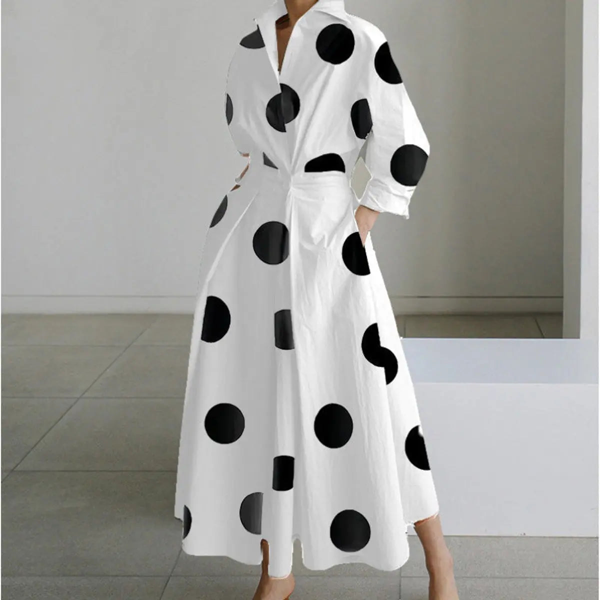 Women's Newspaper Print Collared Wrap Maxi Dress - White Polka Dot