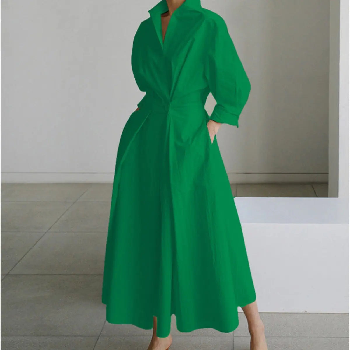 Women's Newspaper Print Collared Wrap Maxi Dress - Green