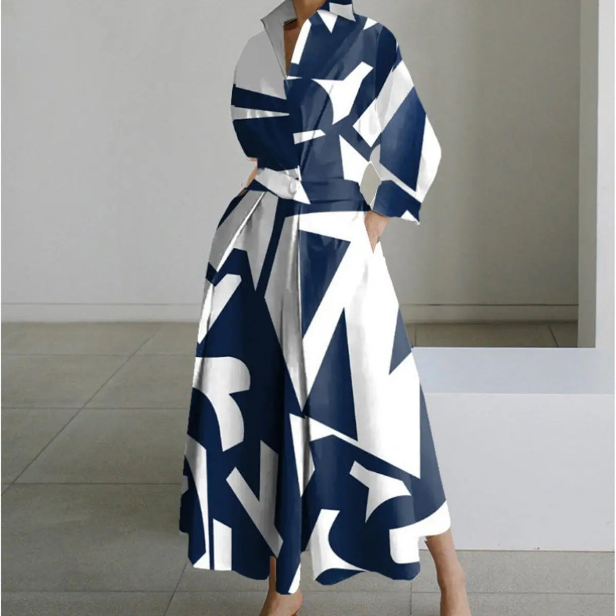 Women's Newspaper Print Collared Wrap Maxi Dress - Blue Stripe