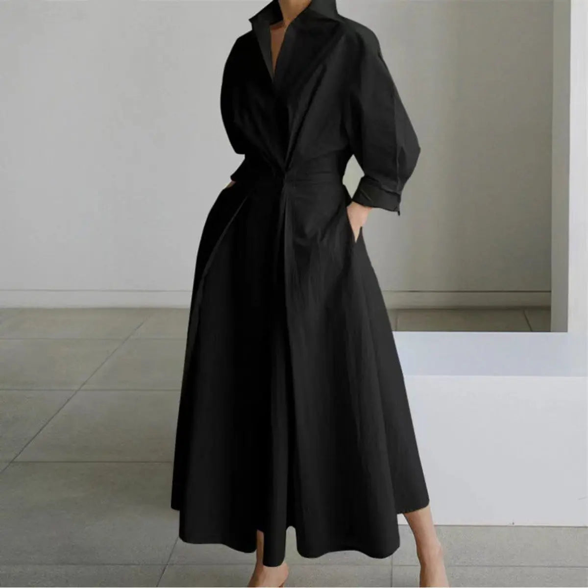Women's Newspaper Print Collared Wrap Maxi Dress - Black
