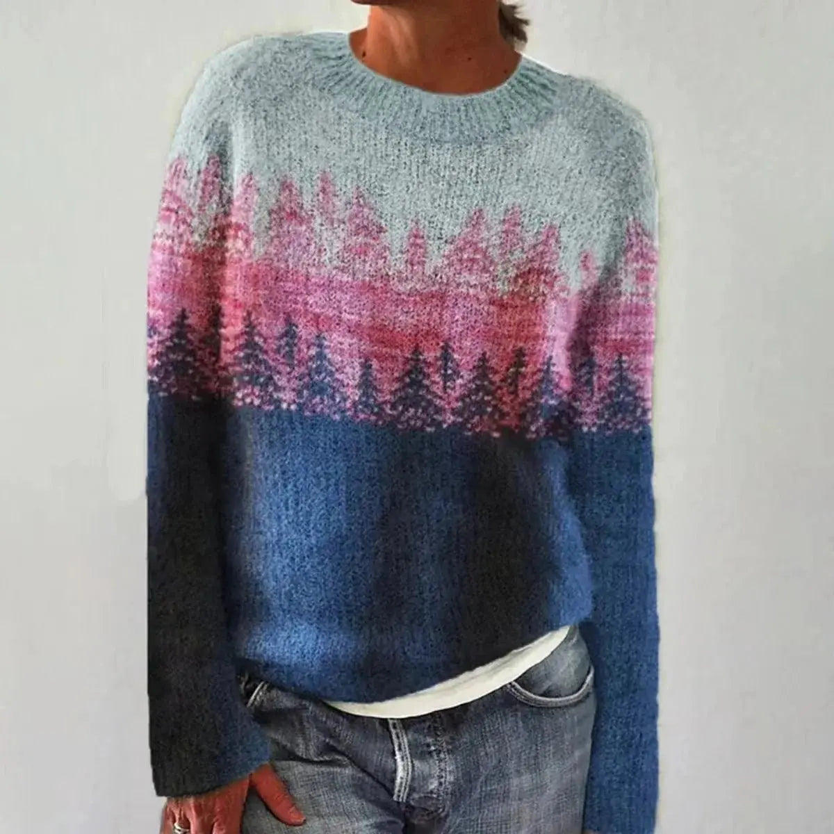 Women's Nordic Jumper Boat Neck Relaxed Fit Multicolour - Blue/Pink