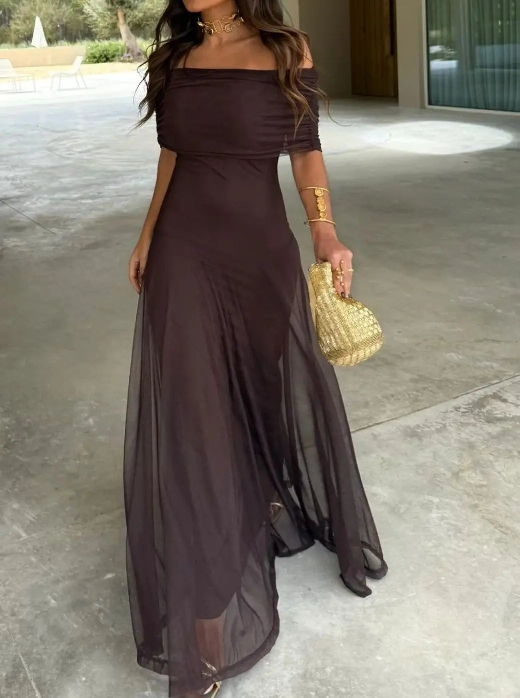 Women's Off-Shoulder Flowing Mesh Long Sleeve Dress Maxi - Brown