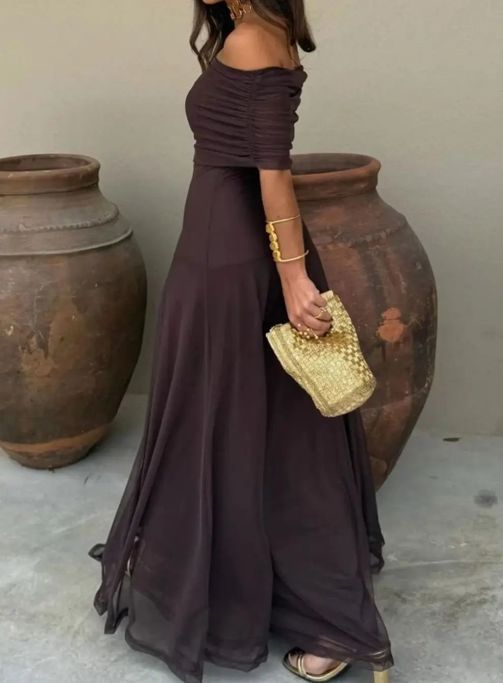 Women's Off-Shoulder Flowing Mesh Long Sleeve Dress Maxi