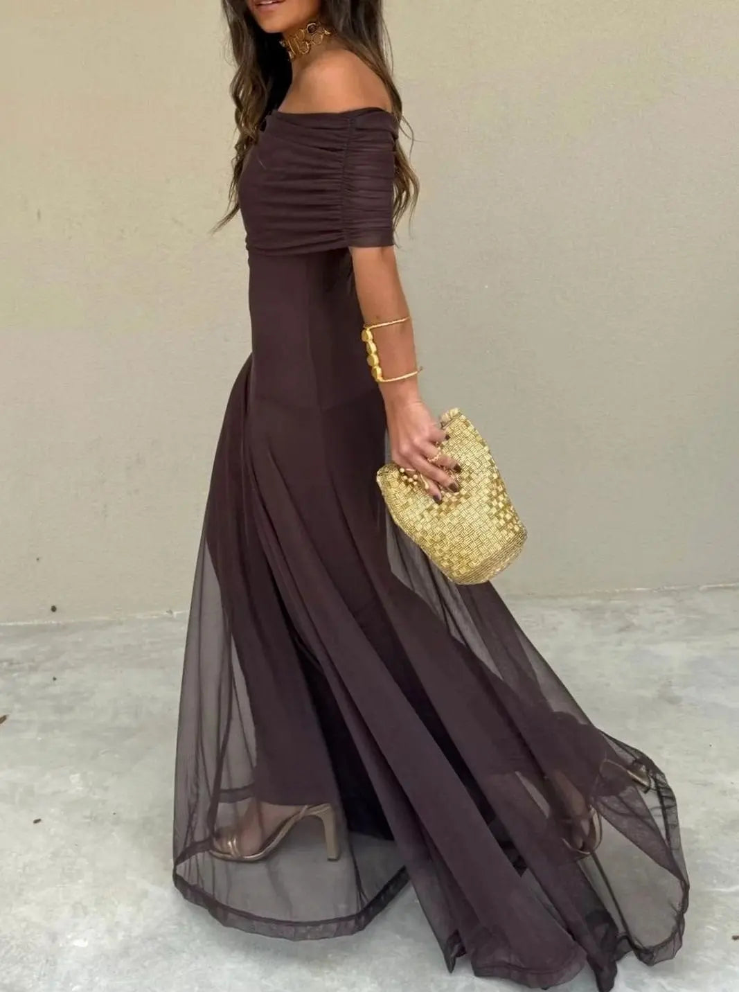 Women's Off-Shoulder Flowing Mesh Long Sleeve Dress Maxi