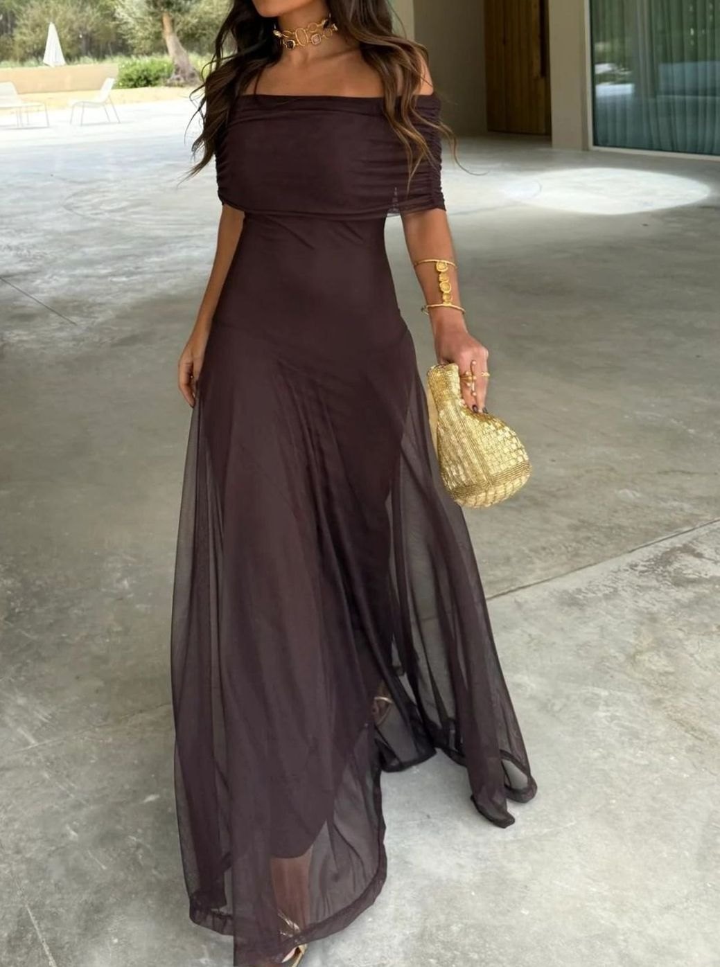 Women's Off-Shoulder Ruched Bodice Mesh Maxi Party Dress - Brown
