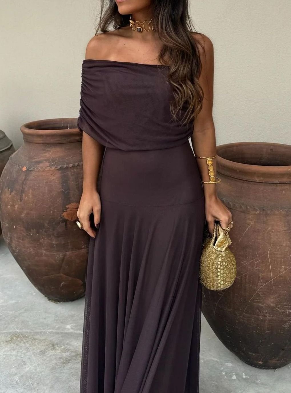 Women's Off-Shoulder Ruched Bodice Mesh Maxi Party Dress