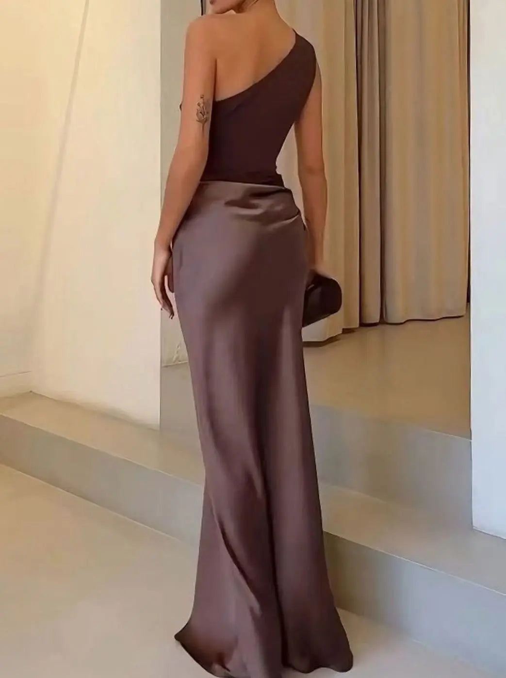 Women's One-Shoulder Asymmetric Satin Maxi Dress