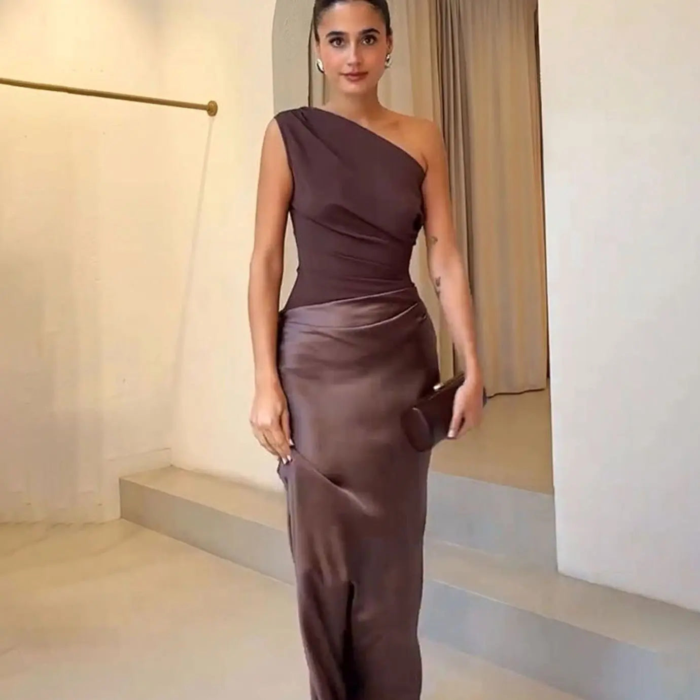 Women's One-Shoulder Asymmetric Satin Maxi Dress - Dark Brown
