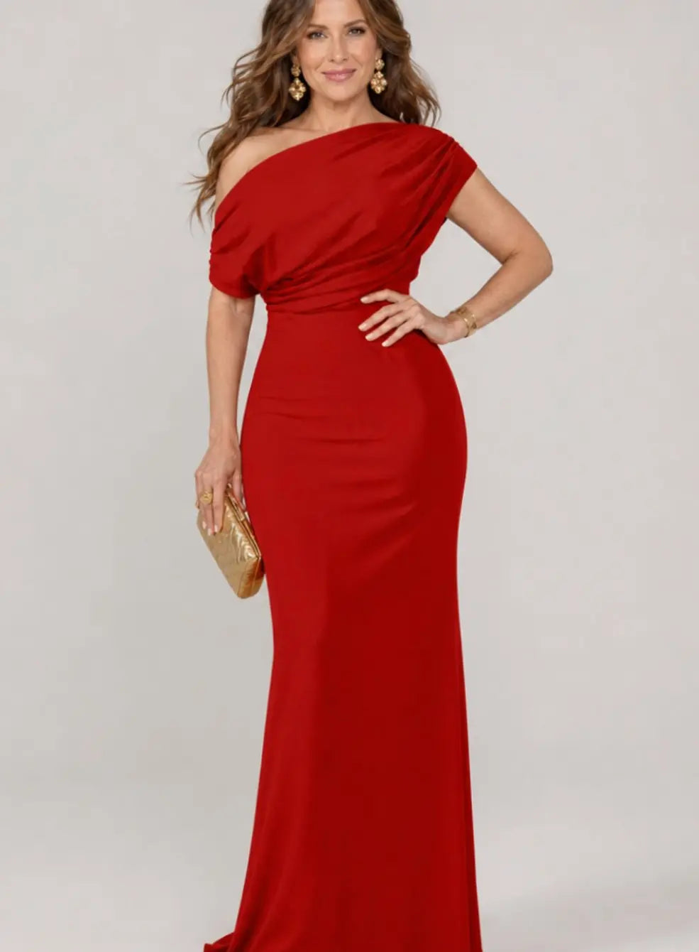 Women's One-Shoulder Draped Maxi Cocktail Dress - Red