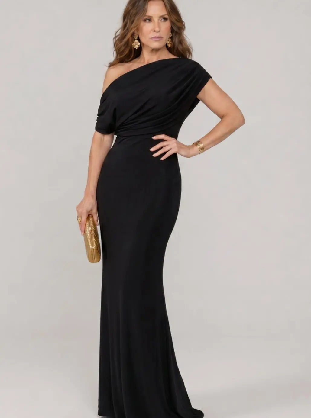 Women's One-Shoulder Draped Maxi Cocktail Dress - Black