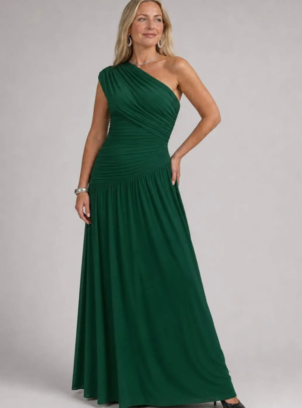 Women's One-Shoulder Ruched Bodice Maxi Cocktail Dress - Dark Green