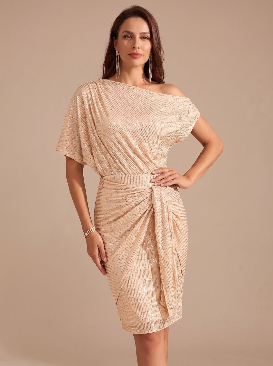 Women's One-Shoulder Sequin Midi Dress Twist-Knot Waist - Golden Brown