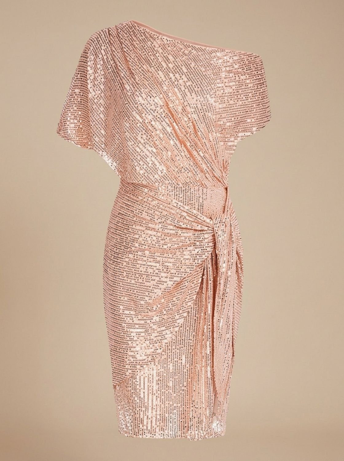 Women's One-Shoulder Sequin Midi Dress Twist-Knot Waist - Light Pink