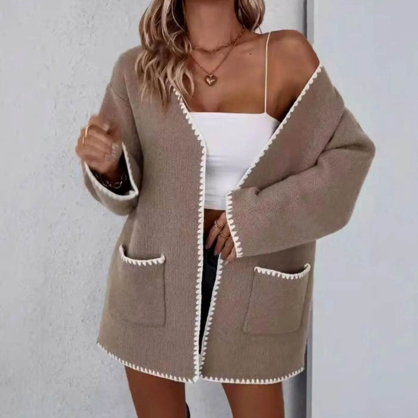 Women's Open Front Long Sleeve Knit Cardigan Contrast Trim Pockets - Camel