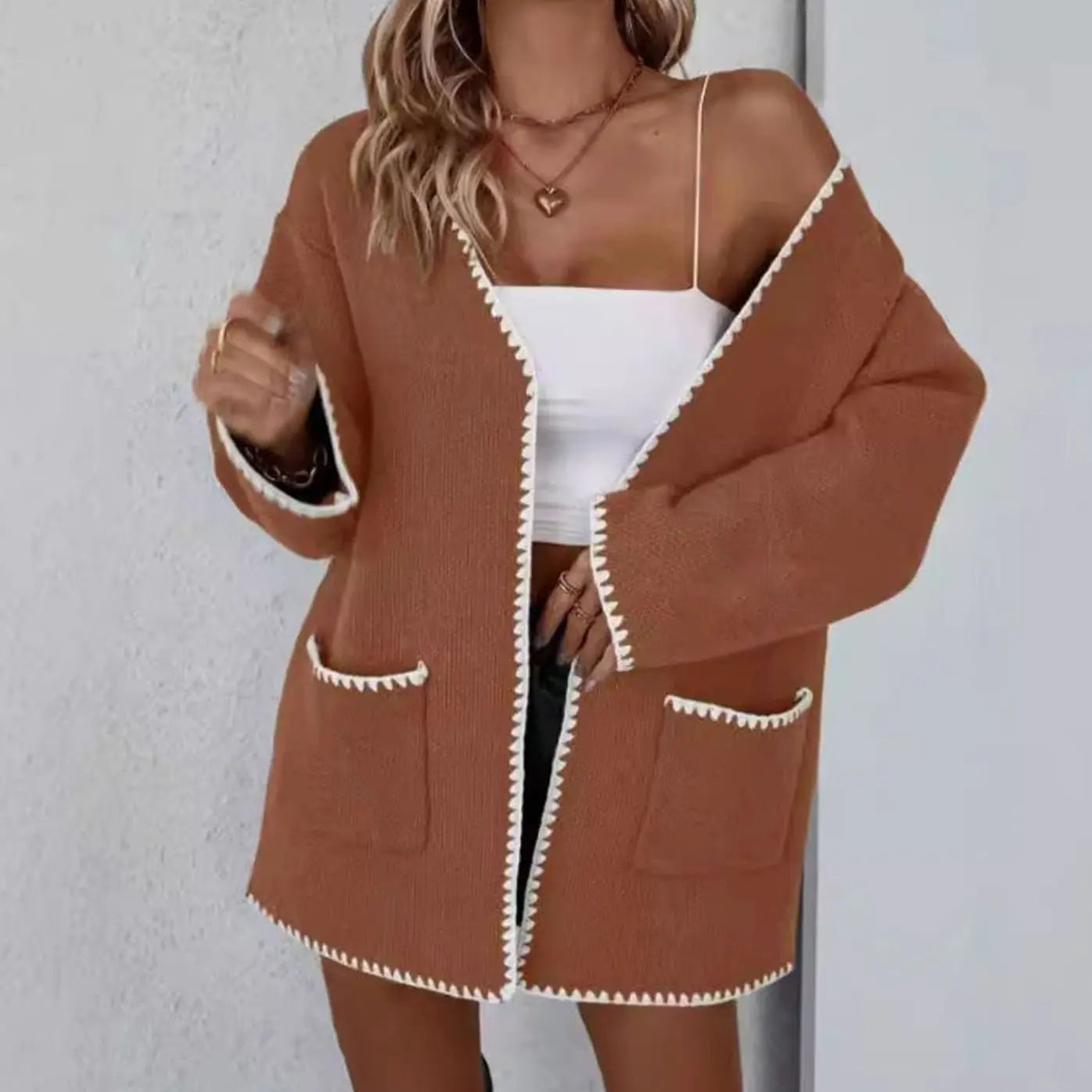 Women's Open Front Long Sleeve Knit Cardigan Contrast Trim Pockets - Caramel