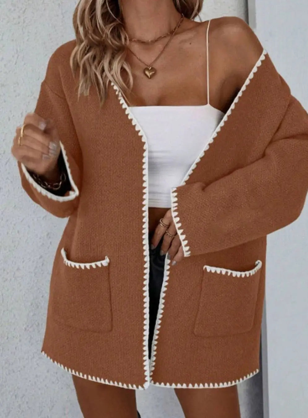 Women's Open Front Long Sleeve Knit Cardigan Contrast Trim Pockets
