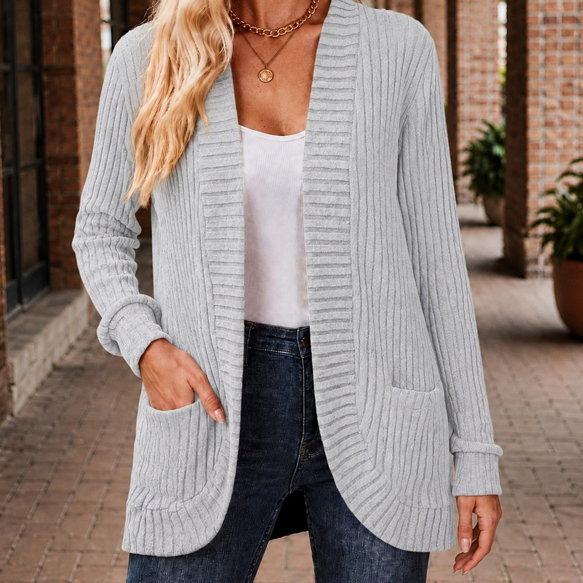 Women's Open-Front Ribbed Knit Cardigan with Patch Pockets - Silvery Grey