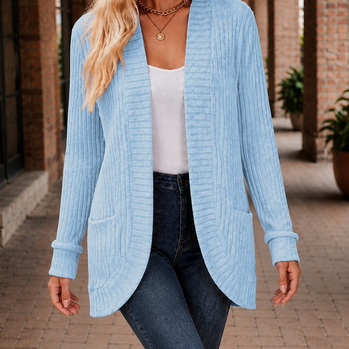 Women's Open-Front Ribbed Knit Cardigan with Patch Pockets - Powder Blue