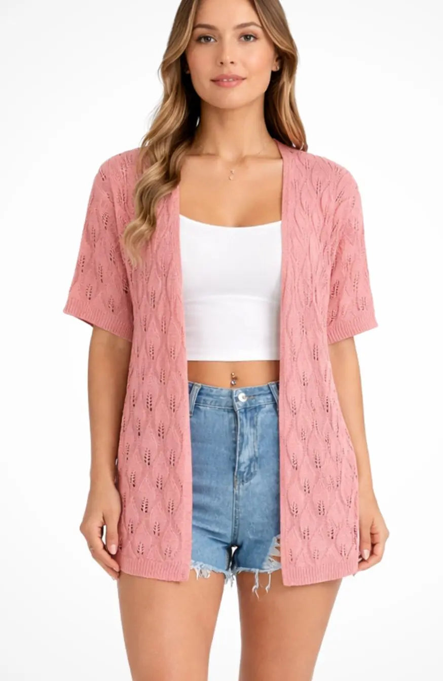 Women's Open-Front Short-Sleeve Crochet Knit Sweater Cardigan - Pink