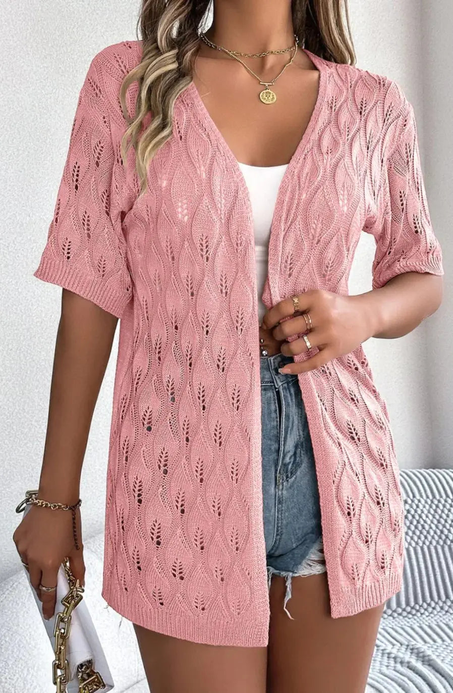 Women's Open-Front Short-Sleeve Crochet Knit Sweater Cardigan