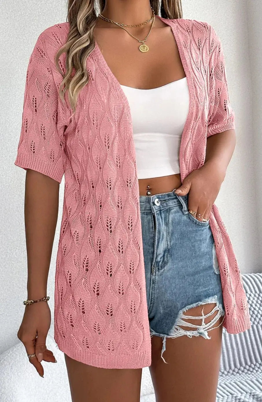 Women's Open-Front Short-Sleeve Crochet Knit Sweater Cardigan