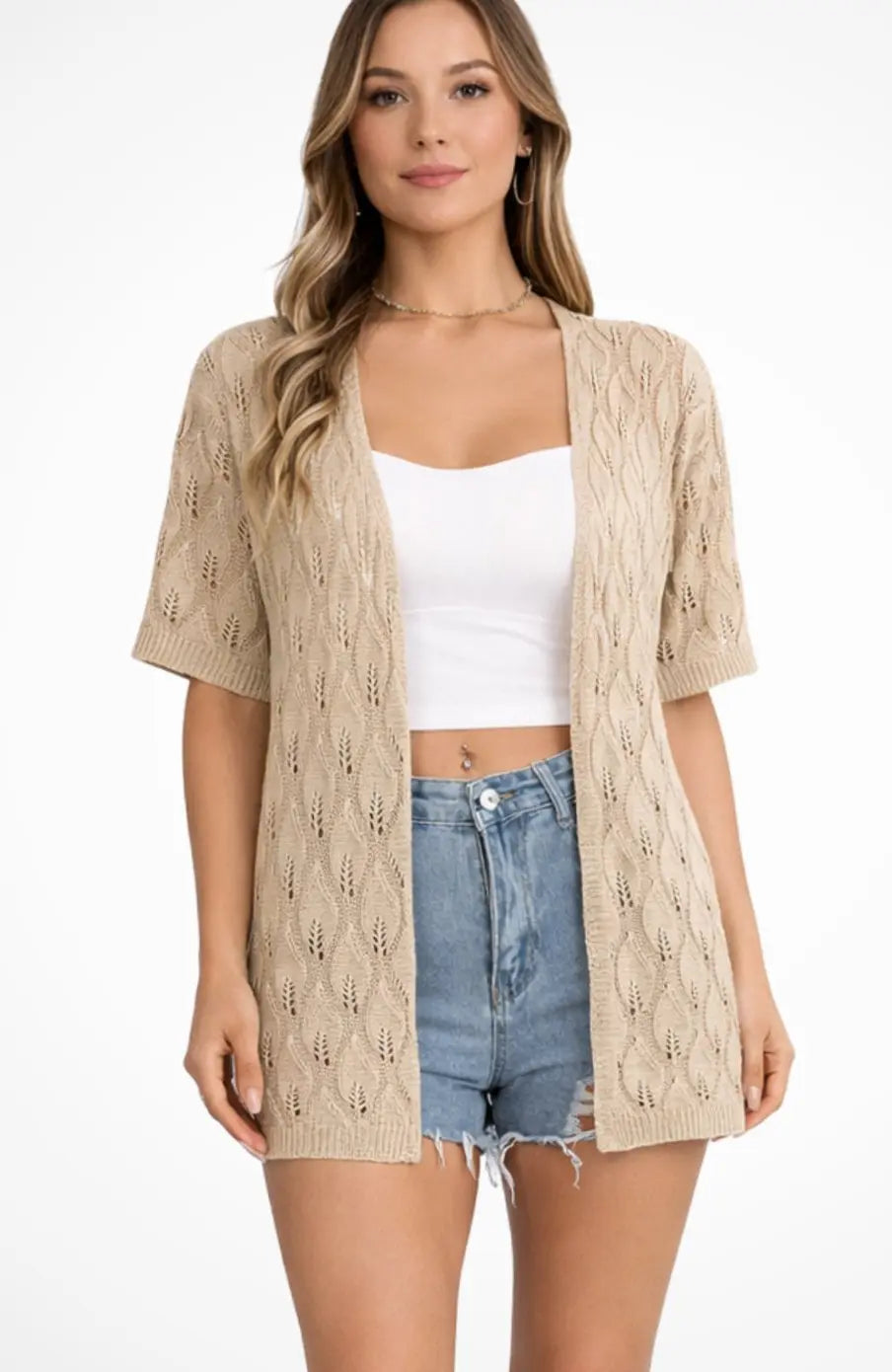 Women's Open-Front Short-Sleeve Crochet Knit Sweater Cardigan - Khaki