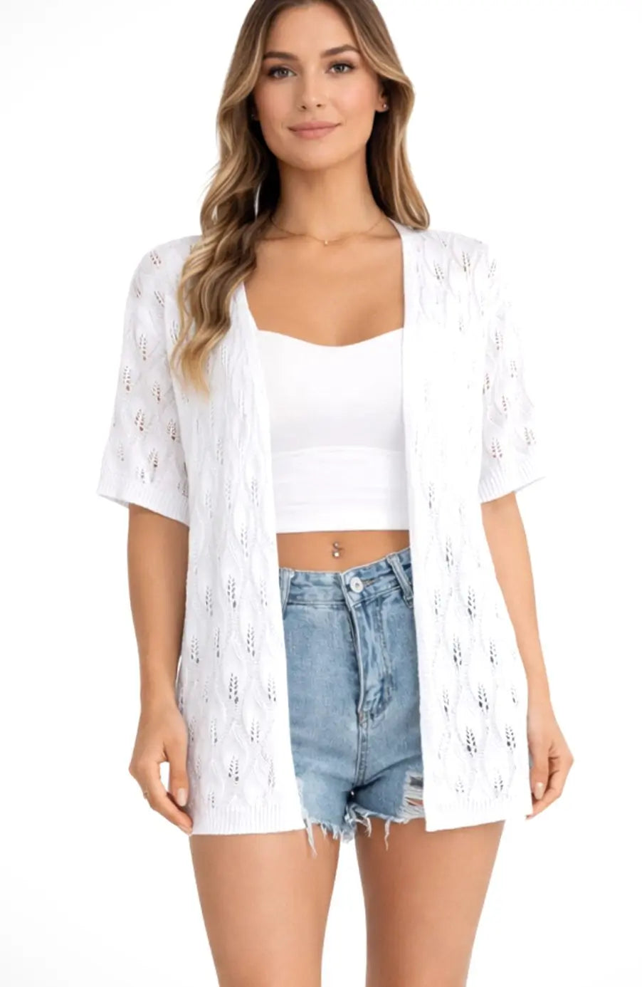 Women's Open-Front Short-Sleeve Crochet Knit Sweater Cardigan - White