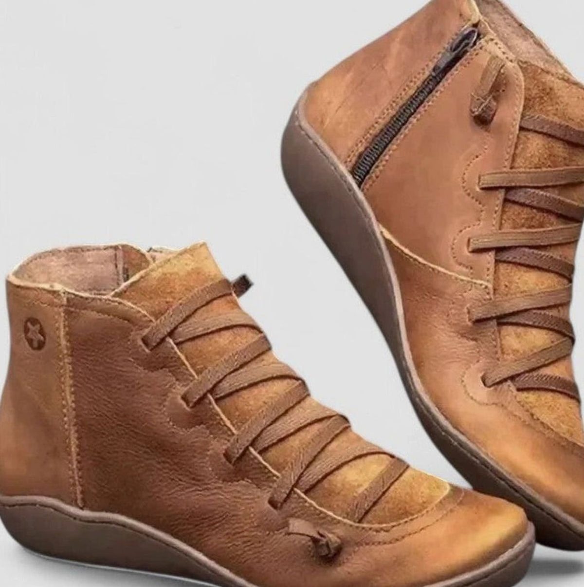 Women's Orthopaedic Lace-Up Ankle Boots Low Wedge Side Zip - Brown
