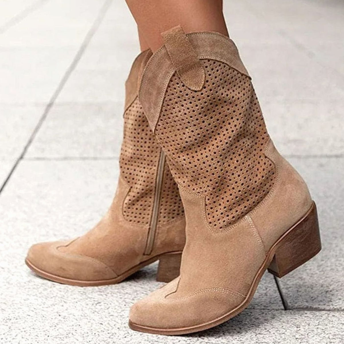 Women's Orthopaedic Perforated Western Block-Heel Mid-Calf Boots