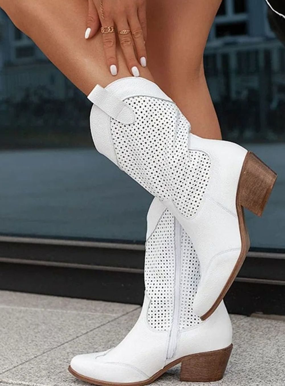 Women's Orthopaedic Perforated Western Block-Heel Mid-Calf Boots