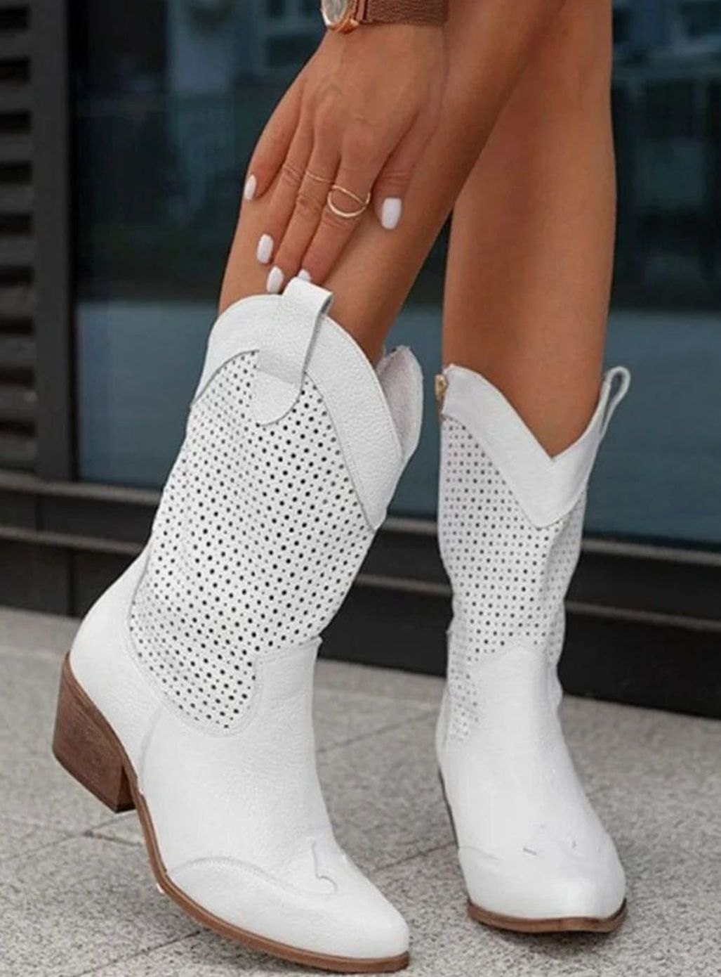 Women's Orthopaedic Perforated Western Block-Heel Mid-Calf Boots - White