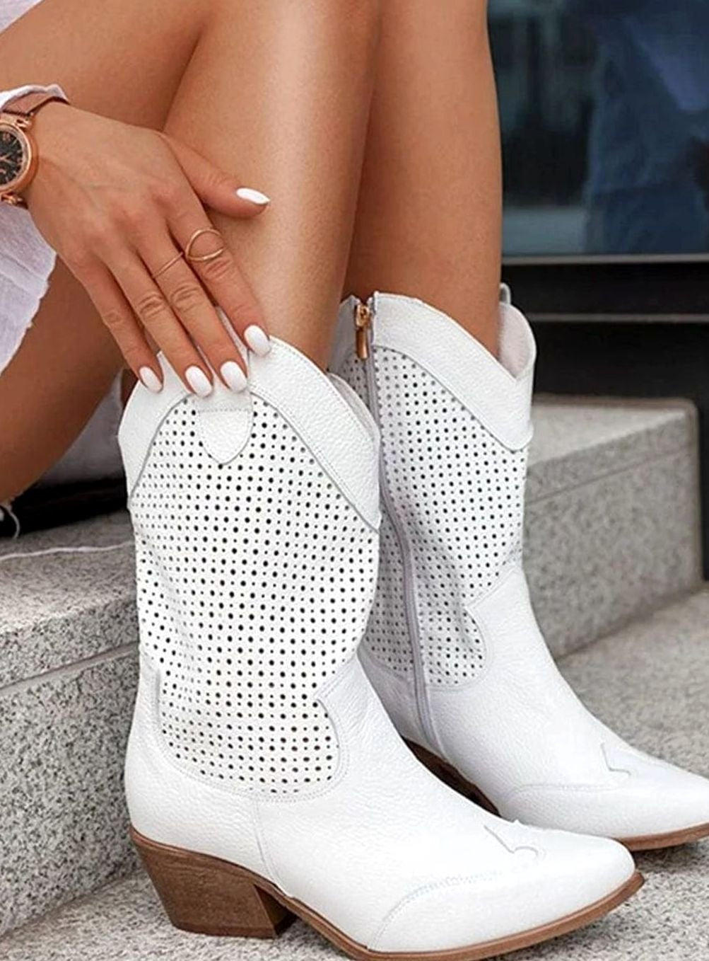 Women's Orthopaedic Perforated Western Block-Heel Mid-Calf Boots