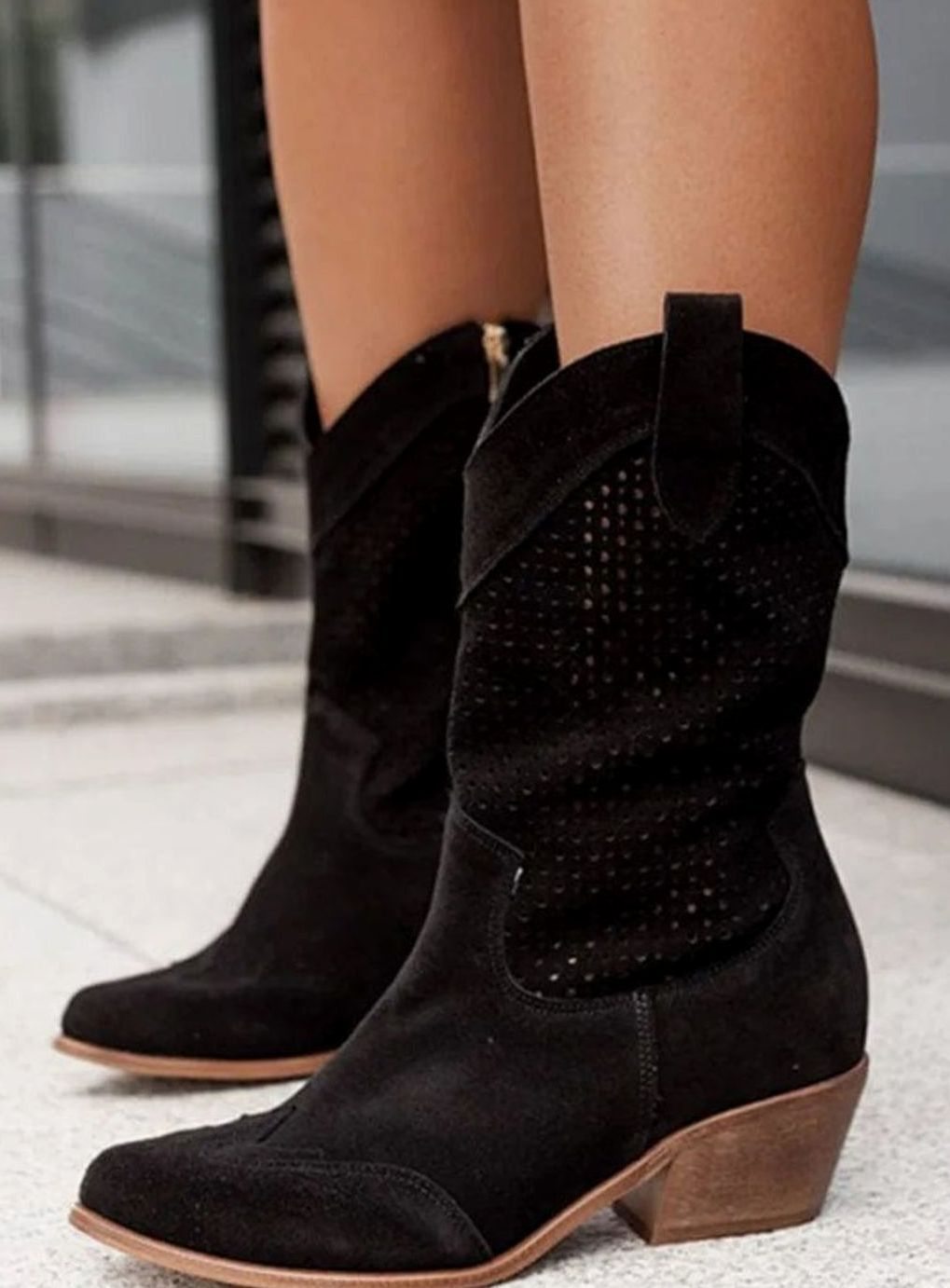 Women's Orthopaedic Perforated Western Block-Heel Mid-Calf Boots - Black
