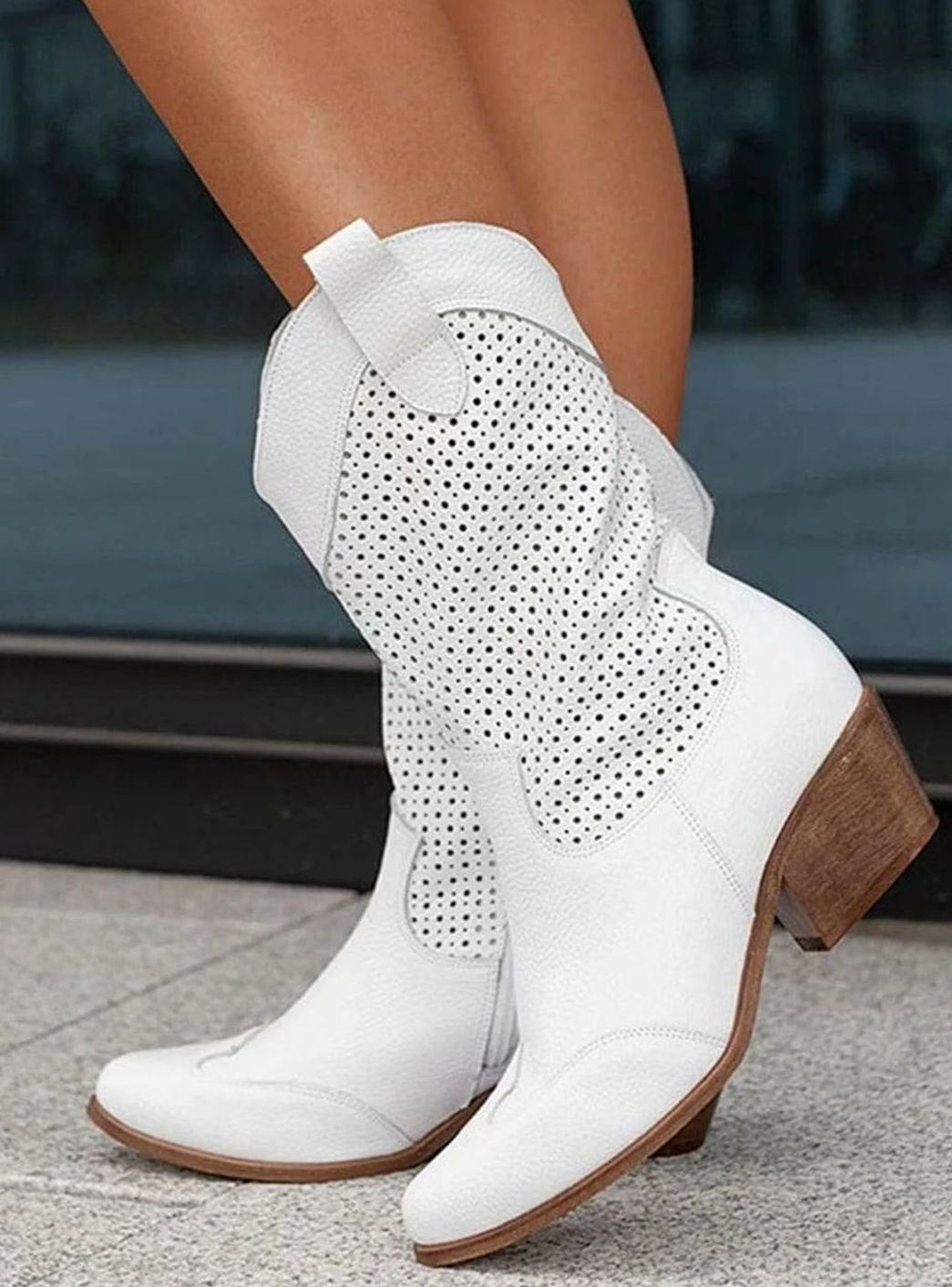 Women's Orthopaedic Perforated Western Block-Heel Mid-Calf Boots