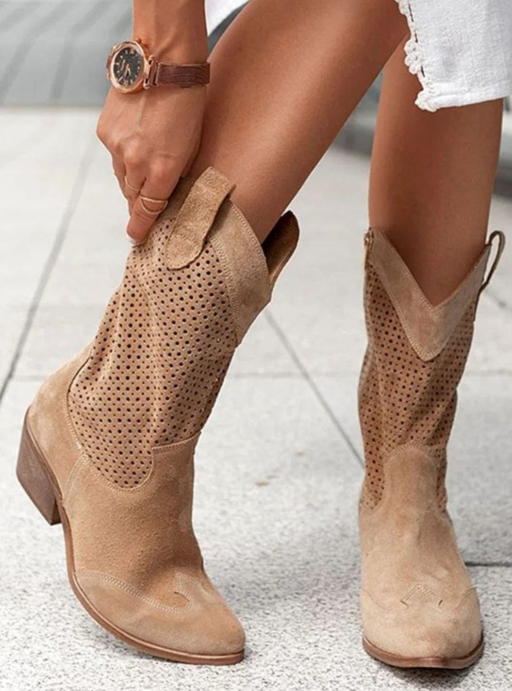 Women's Orthopaedic Perforated Western Block-Heel Mid-Calf Boots