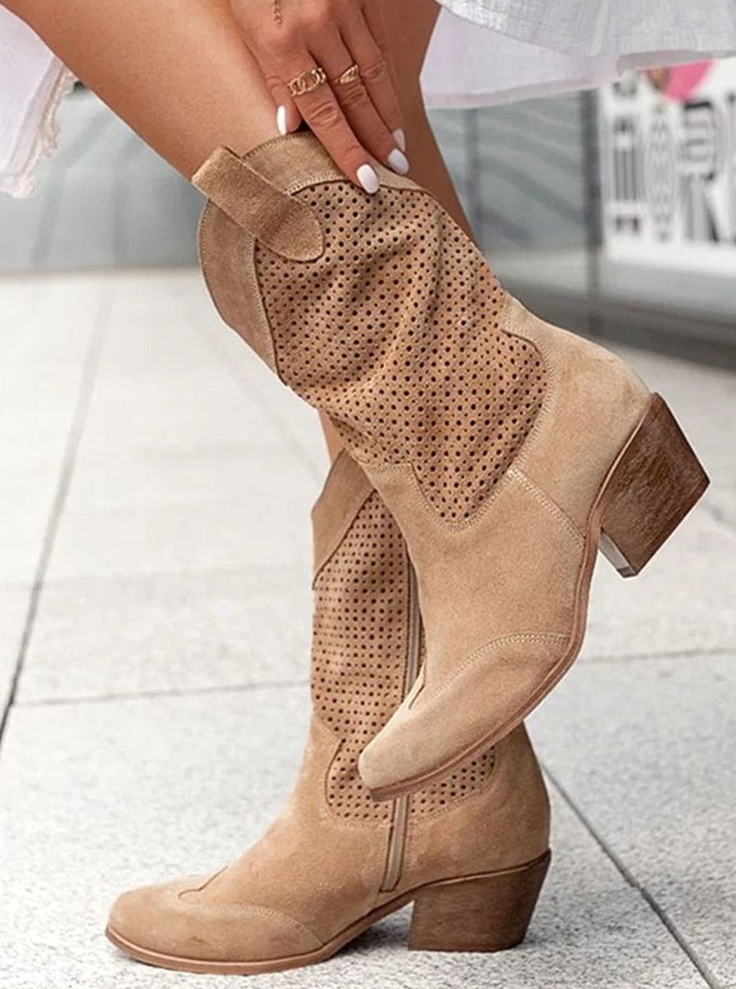 Women's Orthopaedic Perforated Western Block-Heel Mid-Calf Boots - Brown