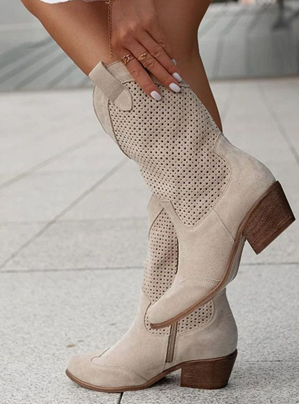 Women's Orthopaedic Perforated Western Block-Heel Mid-Calf Boots