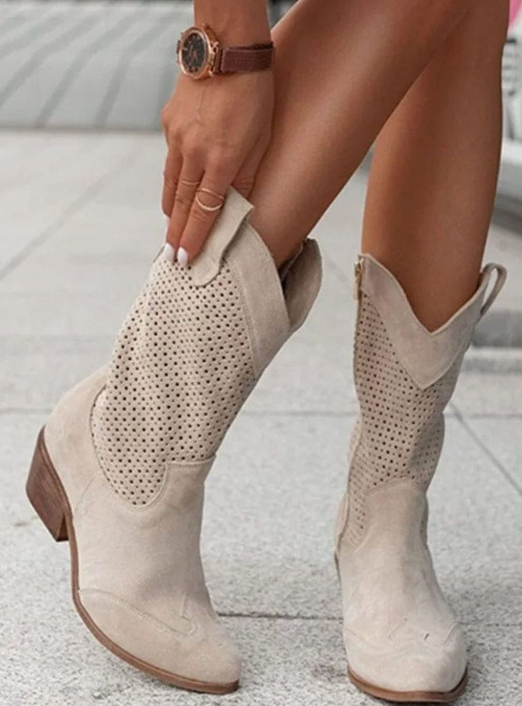 Women's Orthopaedic Perforated Western Block-Heel Mid-Calf Boots
