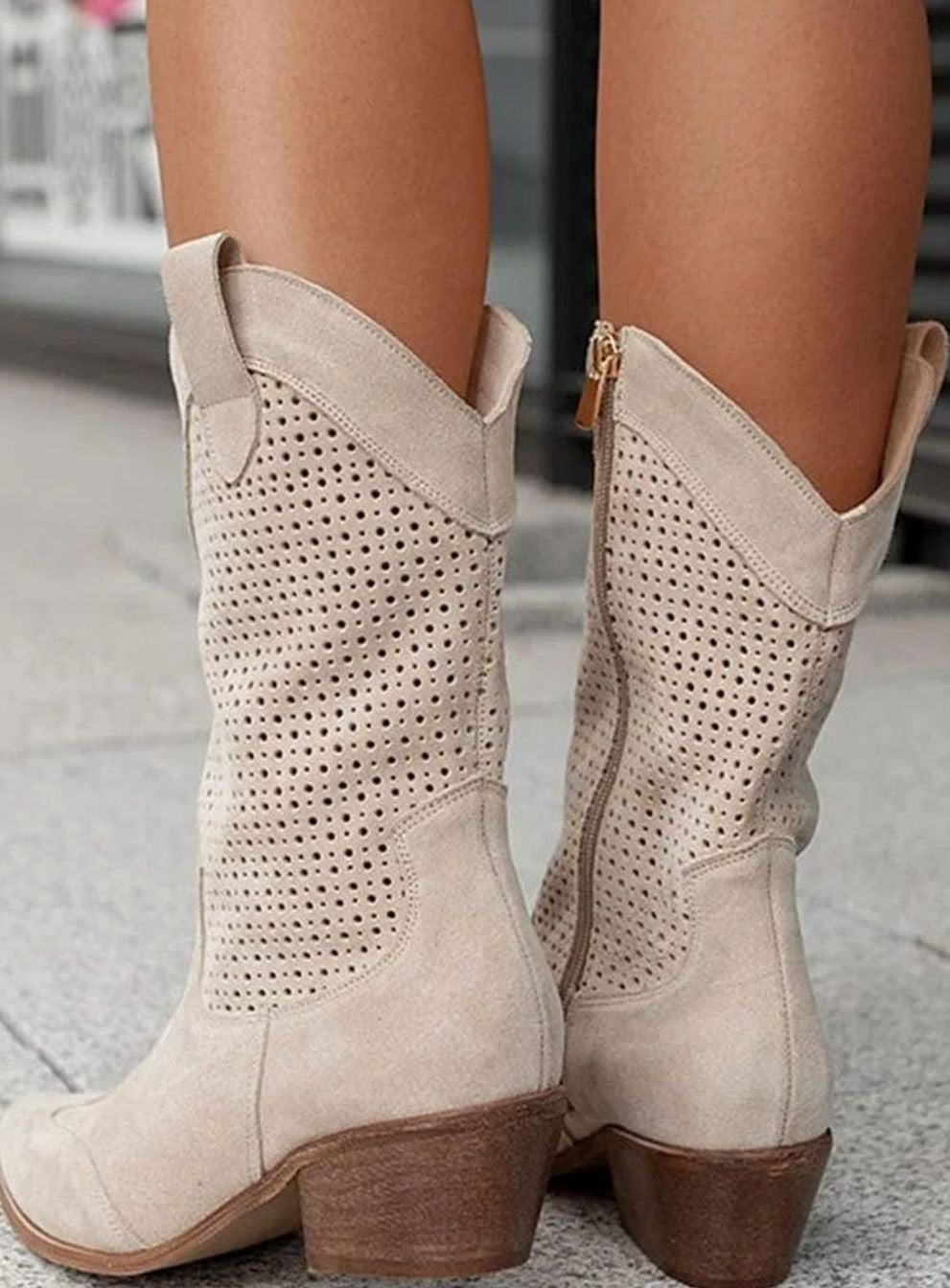 Women's Orthopaedic Perforated Western Block-Heel Mid-Calf Boots