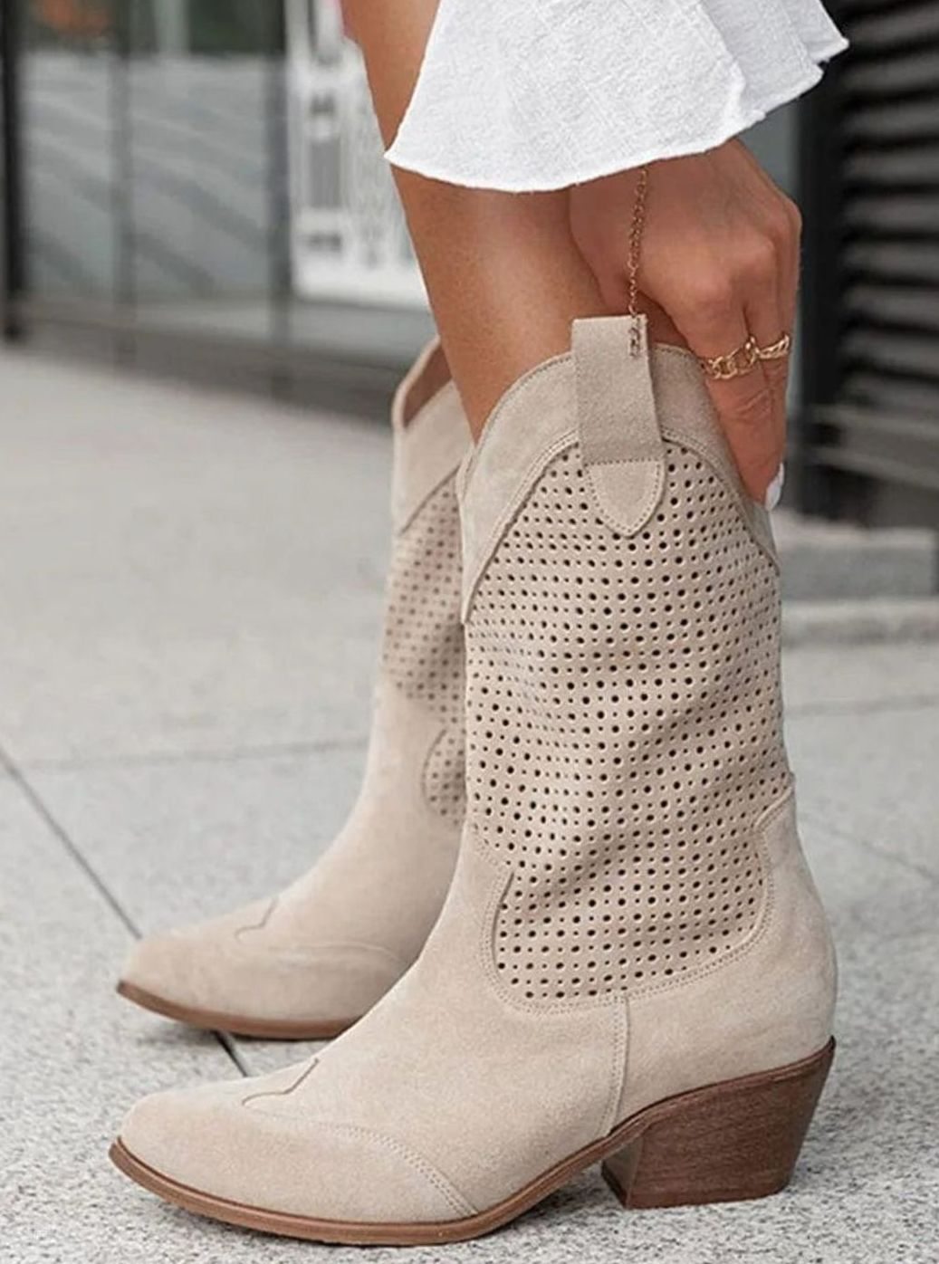 Women's Orthopaedic Perforated Western Block-Heel Mid-Calf Boots