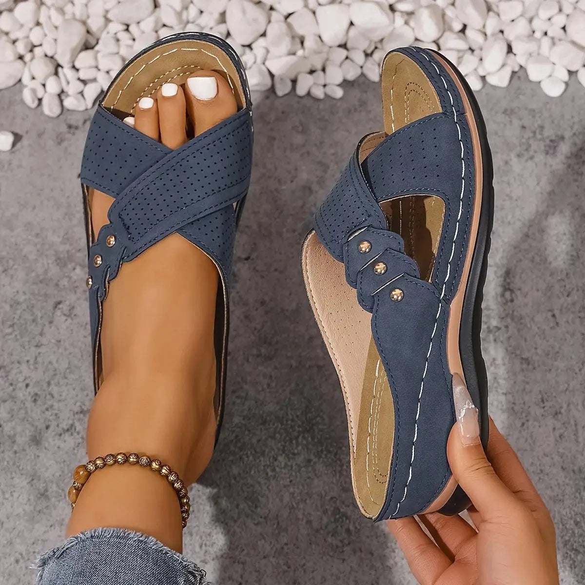 Women's Orthopedic Crossover Wedge Slide Sandals - Blue