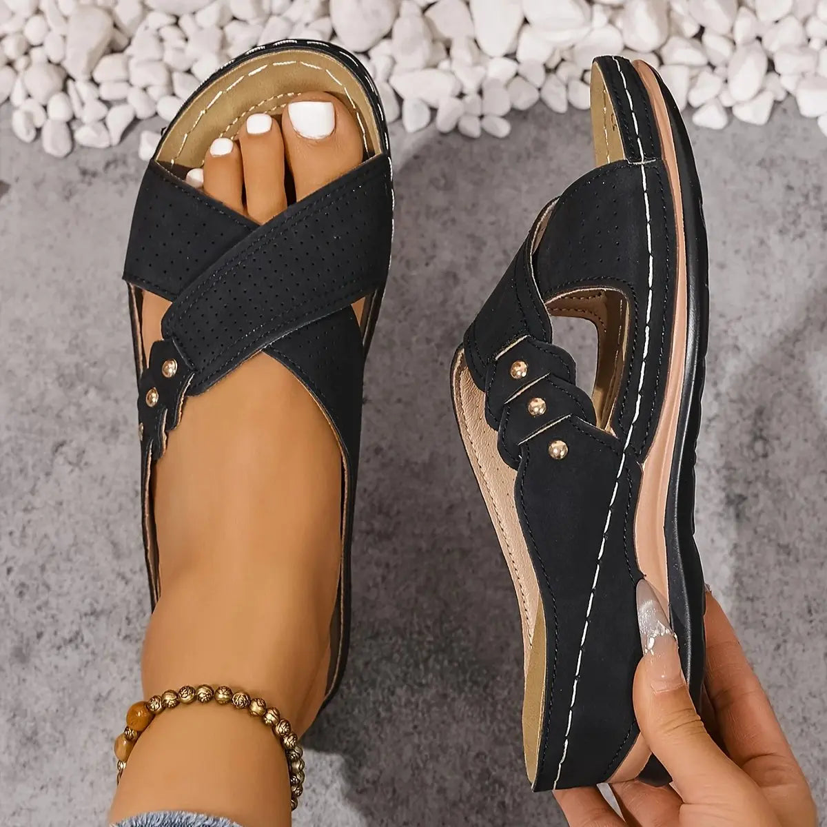 Women's Orthopedic Crossover Wedge Slide Sandals - Black