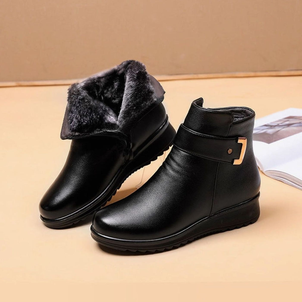 Women's Orthopedic Fur-Lined Wedge Black Ankle Boots - Black